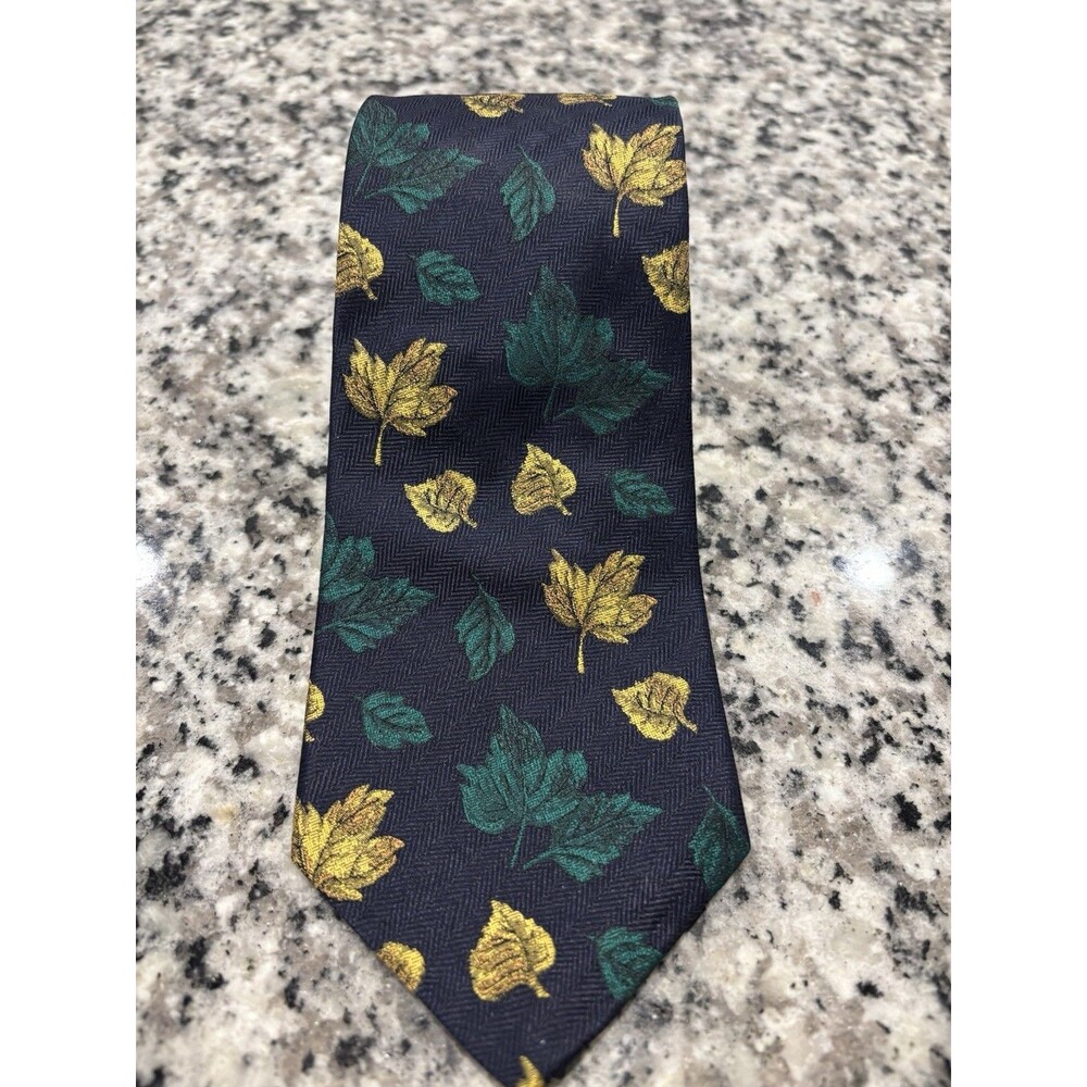 Ben Silver Mens Navy & Green 100% Silk Floral Handmade Tie Autumn Leaf Pattern